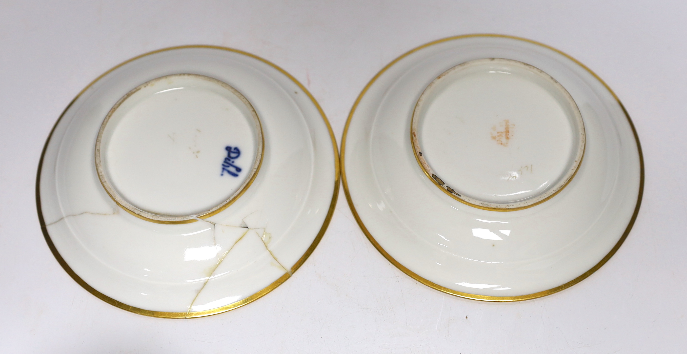 A pair of early 19th century Paris porcelain botanical cups and saucers, one signed Dihl, 9cm high